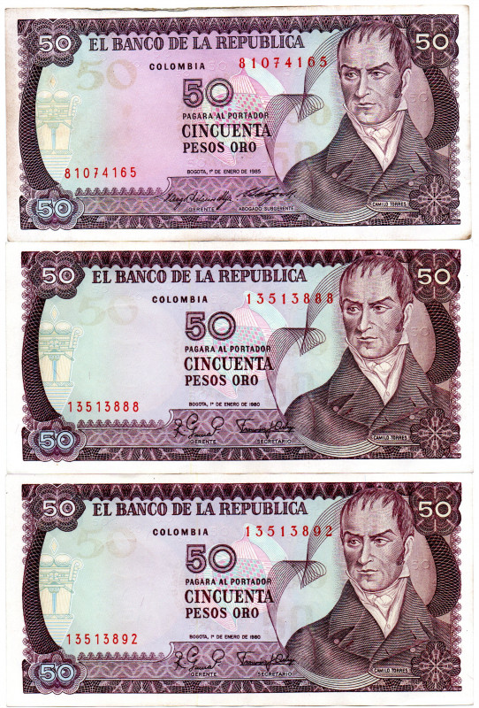 COLOMBIA 3 Pcs. 50 Pesos 1980 (2) & 1985, AU/UNC