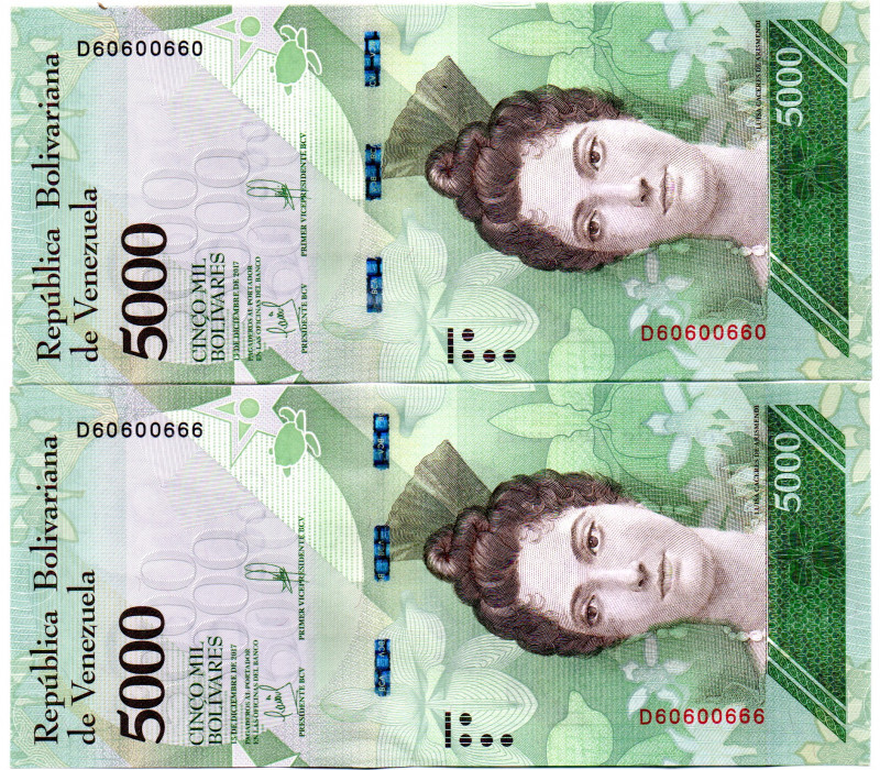VENEZUELA 2 Pcs. 5000 BsF 2017 Fancy Serial Numbers
2 Bi-Numerals, 60600666, 60...