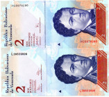 VENEZUELA 2 Pcs. 2 Bolivares (BsF) 2007 1st Date & 2012 Fancy Serial Number, Tail of 9s. UNC