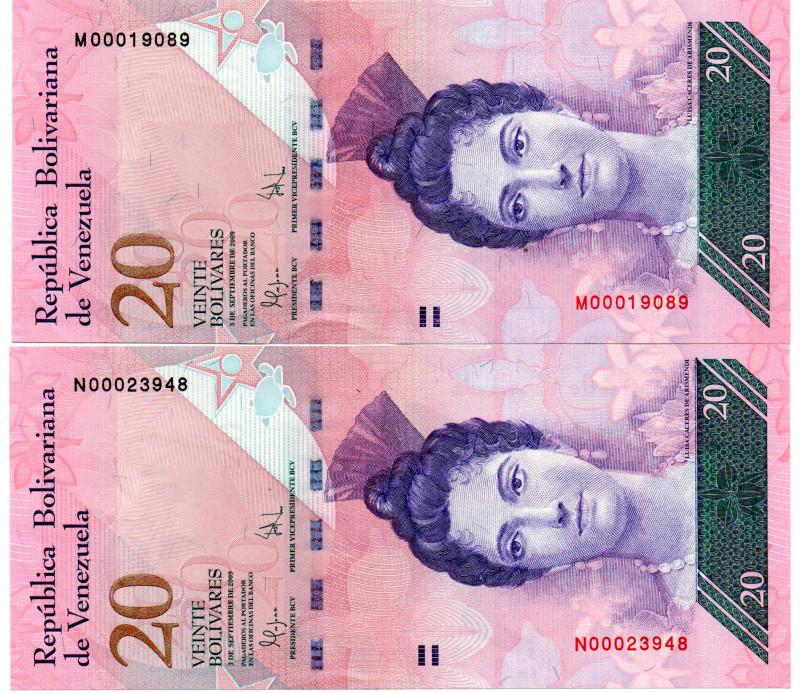 VENEZUELA 2 Pcs. 20 Bolivares (BsF) 2009, 5 Digit Serial Numbers, Better Date UN...