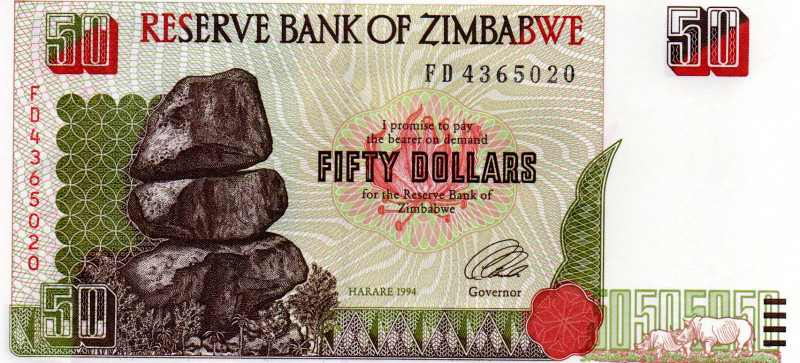 ZIMBABWE $50 Dollars 1994. UNC