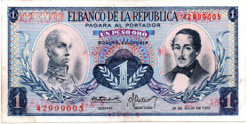 COLOMBIA 1 Peso 1972. Stamped, Santander 1973, AU/UNC