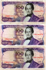 COLOMBIA 3 Pcs. 100 Pesos 1980 9 Digits. F