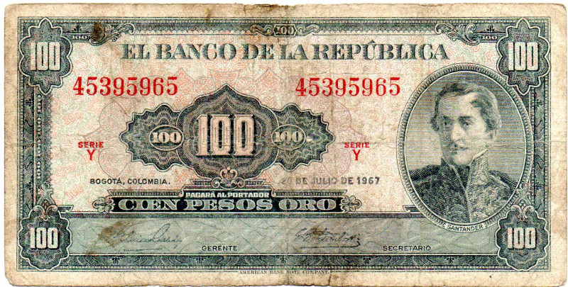 COLOMBIA 100 Pesos 1967. G