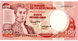 COLOMBIA 100 Pesos 1985 Fancy Serial Number 20000096. UNC