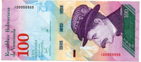 VENEZUELA 100 BsS 2018 Fancy Serial Number 20055555. UNC