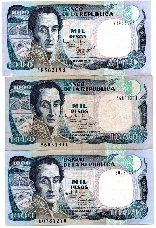 COLOMBIA 3 Pcs. 1000 Pesos Oct. 1995. VF-XF