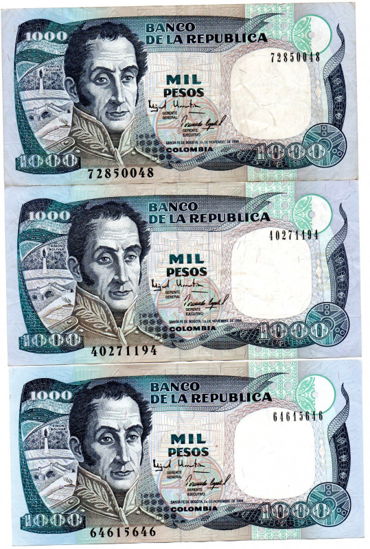 COLOMBIA 3 Pcs. 1000 Pesos Nov 1994. XF+