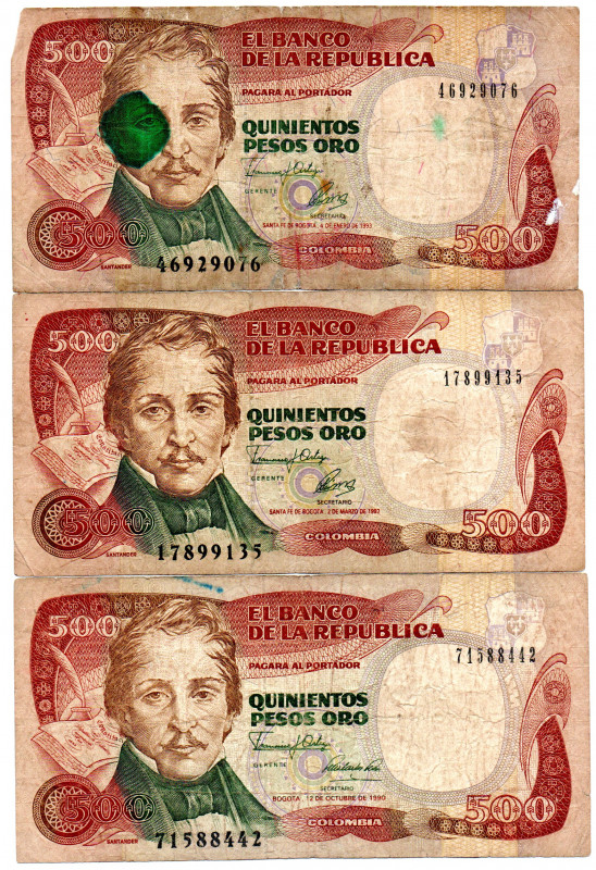 COLOMBIA 3 Pcs. 500 Pesos 1990/2/3. F