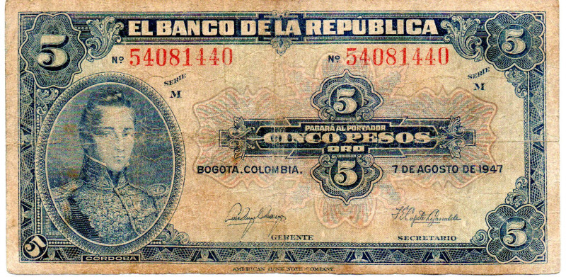 COLOMBIA 5 Pesos 1947 Series M. F