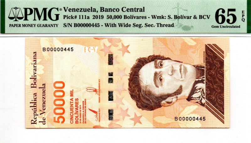 VENEZUELA 50.000 BsS 2019 THREE DIGITS LOW SERIAL B00000445 65 EPQ PMG