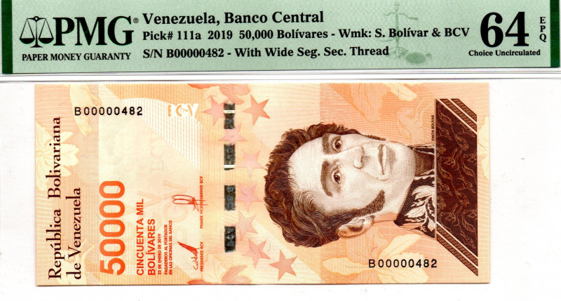 VENEZUELA 50.000 BsS 2019 THREE DIGITS LOW SERIAL B00000482 64 EPQ PMG