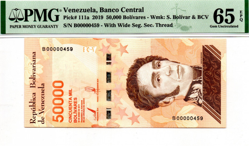 VENEZUELA 50.000 BsS 2019 THREE DIGITS LOW SERIAL B00000459 65 EPQ PMG