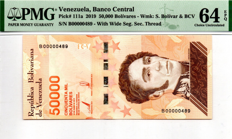 VENEZUELA 50.000 BsS 2019 THREE DIGITS LOW SERIAL B00000489 64 EPQ PMG