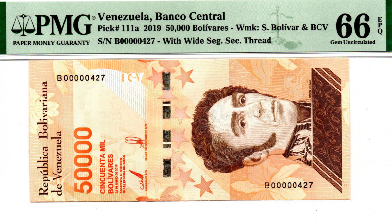 VENEZUELA 50.000 BsS 2019 THREE DIGITS LOW SERIAL B00000427 66 EPQ PMG