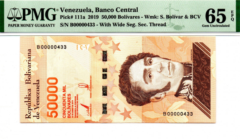 VENEZUELA 50.000 BsS 2019 THREE DIGITS LOW SERIAL B00000433 65 EPQ PMG