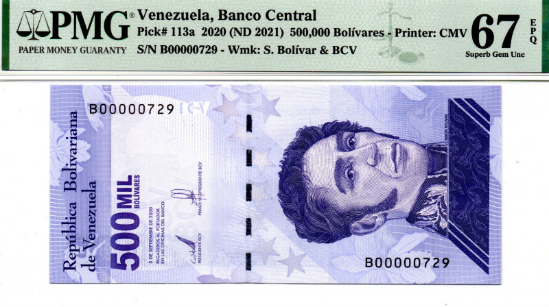 VENEZUELA 500.000 BsS 2021 THREE DIGITS LOW SERIAL B00000729 67 EPQ PMG