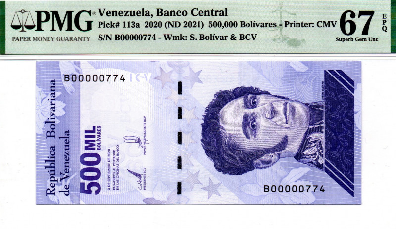 VENEZUELA 500.000 BsS 2021 THREE DIGITS LOW SERIAL B00000774 67 EPQ PMG