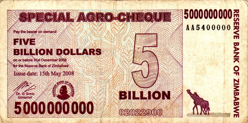 ZIMBABWE $5 Billion Dollars Agro Check 2008 AA5400000 VF