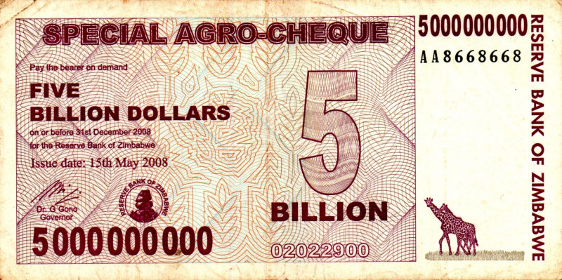 ZIMBABWE $5 Billion Dollars Agro Check 2008 AA8668668 RADAR XF