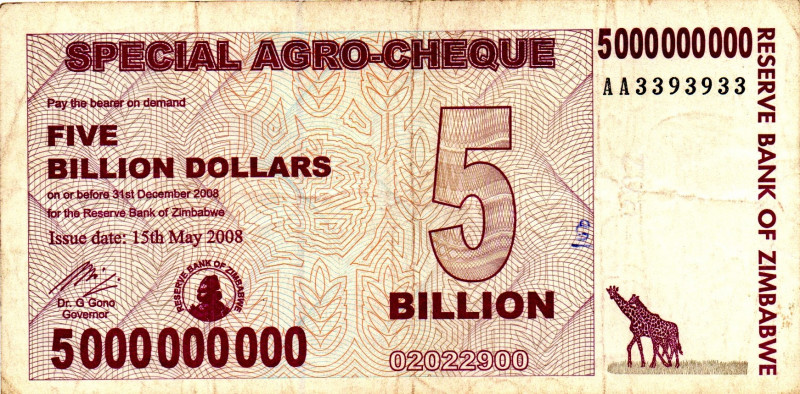 ZIMBABWE $5 Billion Dollars Agro Check 2008 AA3393933 RADAR XF