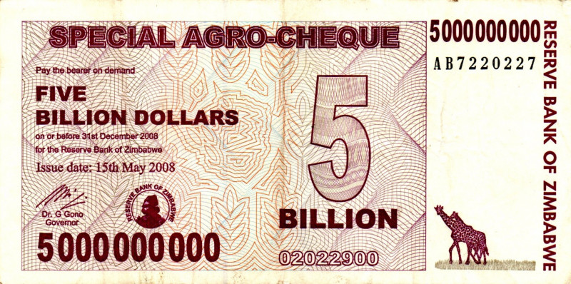 ZIMBABWE $5 Billion Dollars Agro Check 2008 AB 7220227 RADAR XF