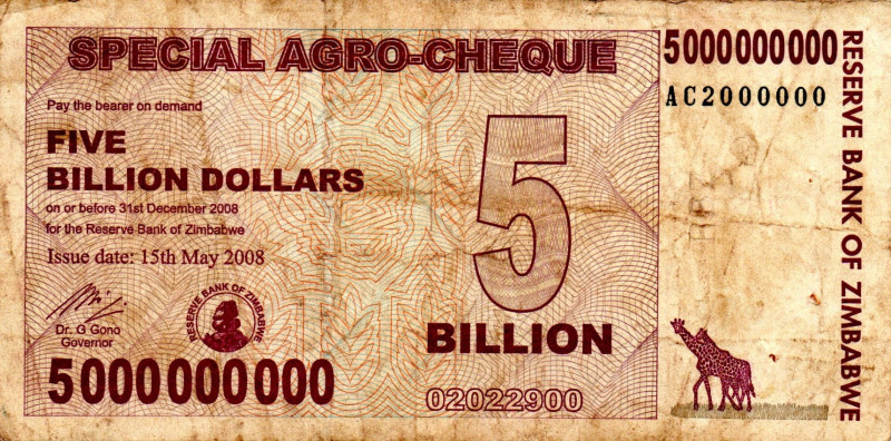 ZIMBABWE $5 Billion Dollars Agro Check 2008 AC2000000 VF