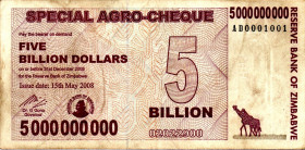 ZIMBABWE $5 Billion Dollars Agro Check 2008 AD0001001 VF