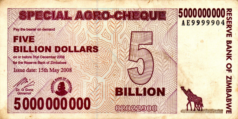 ZIMBABWE $5 Billion Dollars Agro Check 2008 AE9999904 End of Emission Very Rare ...