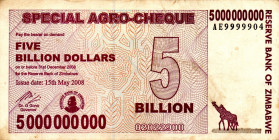 ZIMBABWE $5 Billion Dollars Agro Check 2008 AE9999904 End of Emission Very Rare VF