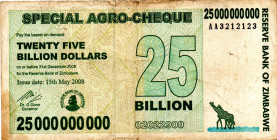ZIMBABWE $25 Billion Dollars Agro Check 2008 AA3212123 RADAR Ladder. Rare VF