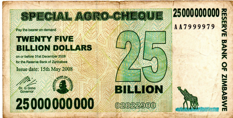 ZIMBABWE $25 Billion Dollars Agro Check 2008 AA7999979 VF