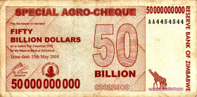 ZIMBABWE $50 Billion Dollars Agro Check 2008 AA4454544 RADAR VF