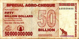 ZIMBABWE $50 Billion Dollars Agro Check 2008 AA5558855 VF