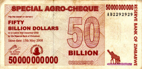 ZIMBABWE $50 Billion Dollars Agro Check 2008 AD2292929 VF