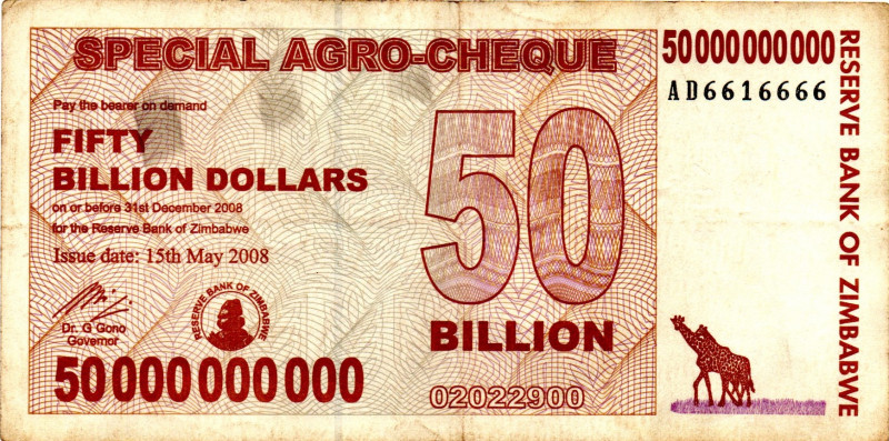 ZIMBABWE $50 Billion Dollars Agro Check 2008 AD6616666 SEMI SOLID VF