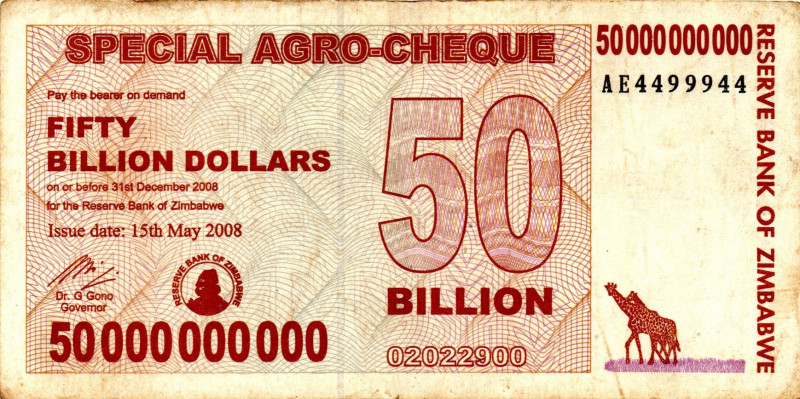 ZIMBABWE $50 Billion Dollars Agro Check 2008 AE VF4499944 VF