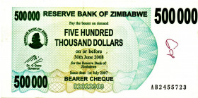 ZIMBABWE $500.000 Dollars 2008 ERROR Off Center Cut UNC w/writing