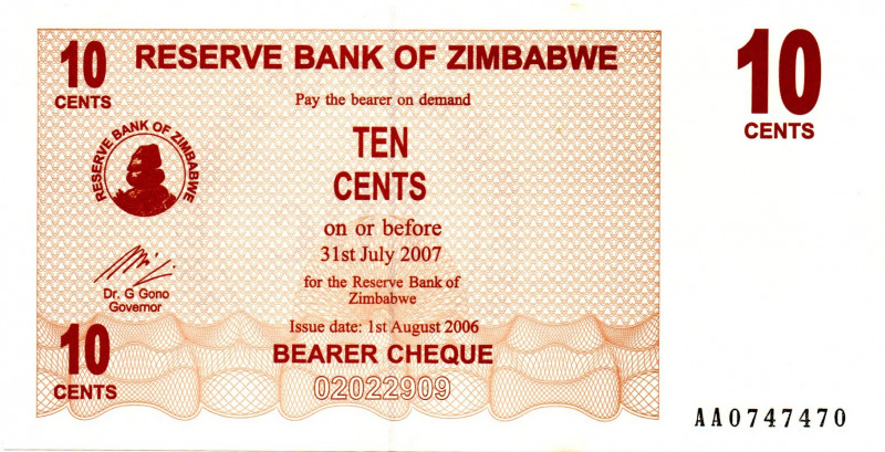 ZIMBABWE $0.10 Cents 2006 RADAR AA0747470 UNC