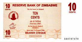 ZIMBABWE $0.10 Cents 2006 RADAR AA0747470 UNC
