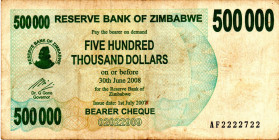 ZIMBABWE $500.000 2007 SEMI SOLID AF2222722 VF