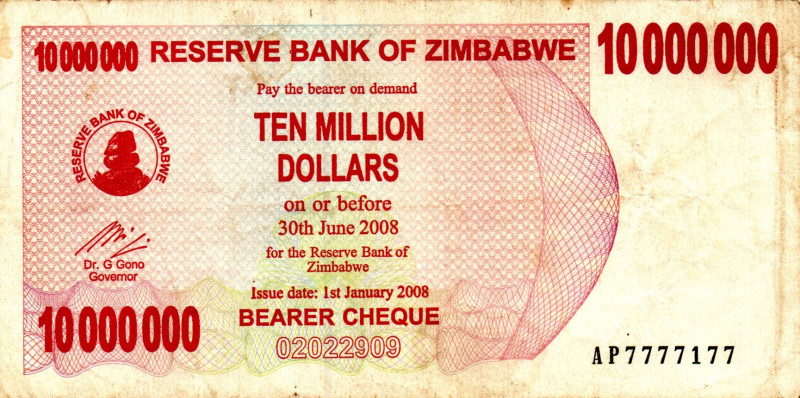 ZIMBABWE $10.000.000 2007 SEMI SOLID AP7777177 VF