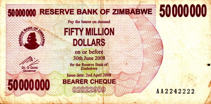 ZIMBABWE $50.000.000 2007 SEMI SOLID AA2242222 VF