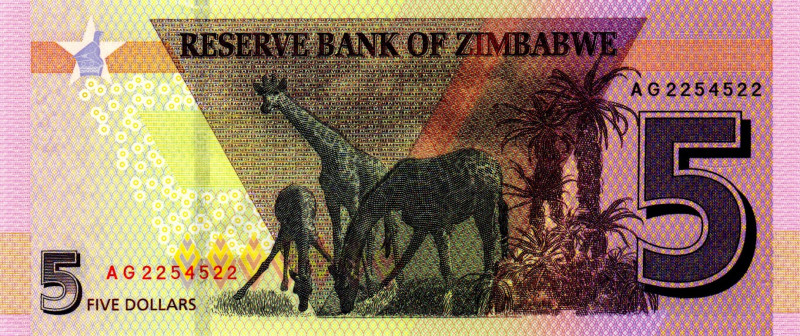 ZIMBABWE $5 Dollars 2019 RADAR AG2254522 UNC