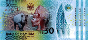 NAMIBIA 3 Pcs. $30 Dollars 1990-2020 Commemorative Bi-Numerals 4411411,14,44 UNC