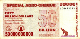ZIMBABWE $50 Billion Agro Check AC4433333 VF