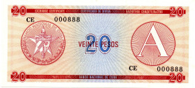 CUBA 20 Pesos 1988 THREE DIGITS LOW SERIAL 000888 UNC