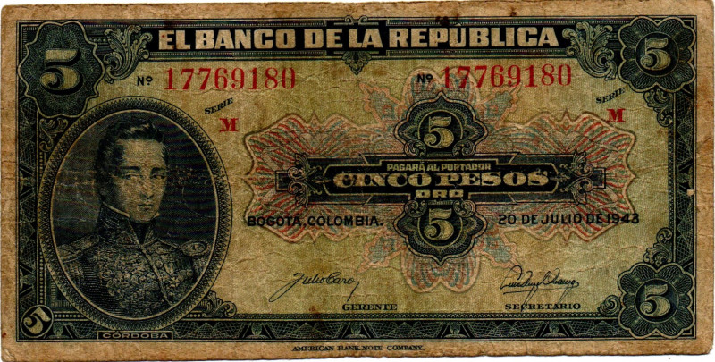 COLOMBIA 5 Pesos 1943 Series M F Scarce