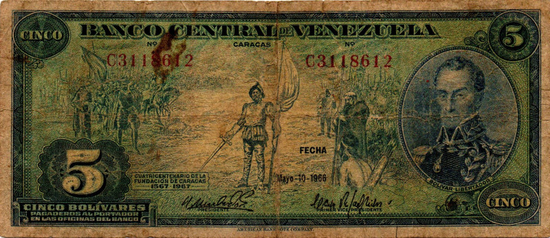 VENEZUELA 5 Bolivares 1966 Letter C Commemorative (Founding of Caracas) VG