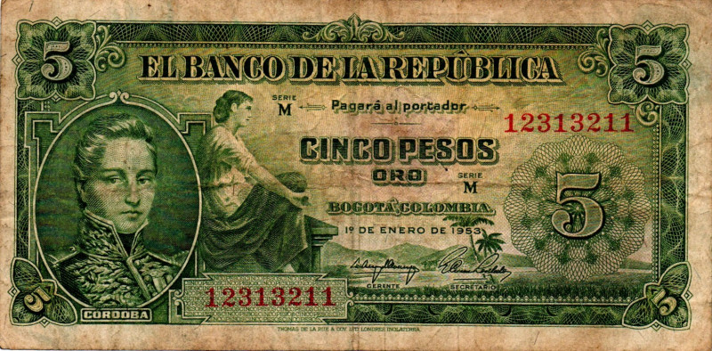 COLOMBIA 5 Pesos 1953 1st Year Series M F+/VF Scarce